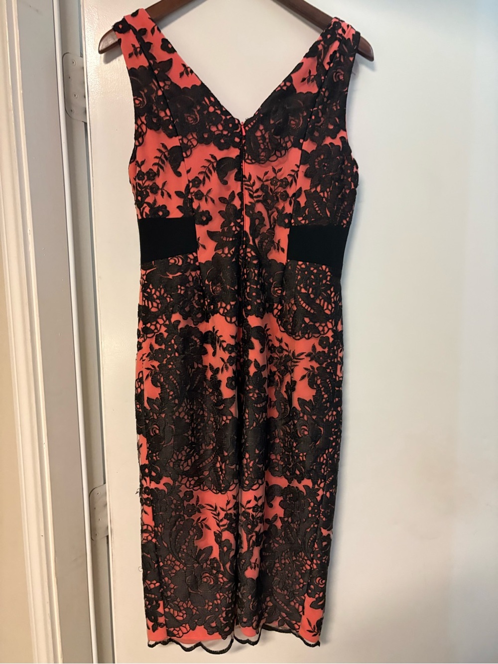 Kay Unger Coral Sheath with Black Lace Overlay